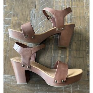 Soda CHIVAS Women Mid Heel Single Band Platform Sandal‎ Strap Stud 10 Brown Tan